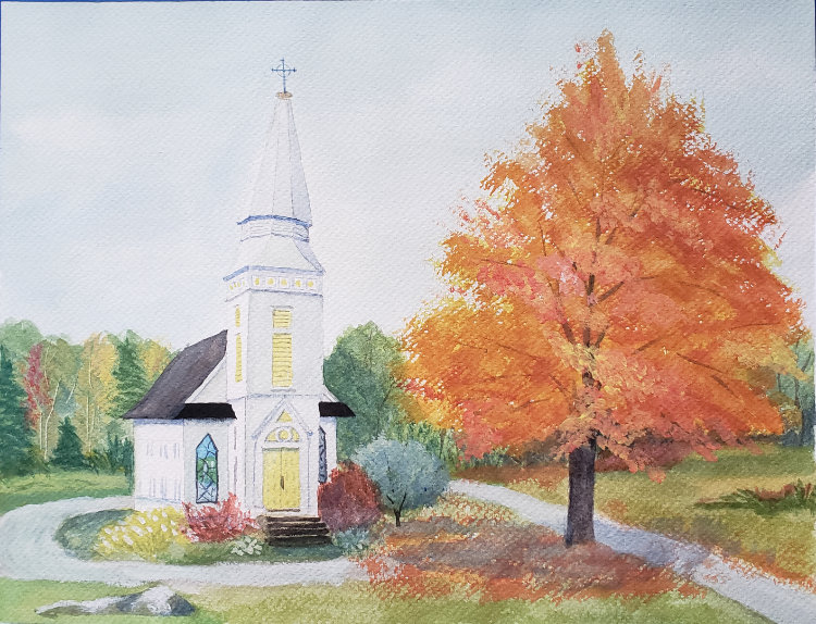 watercolor painting of church